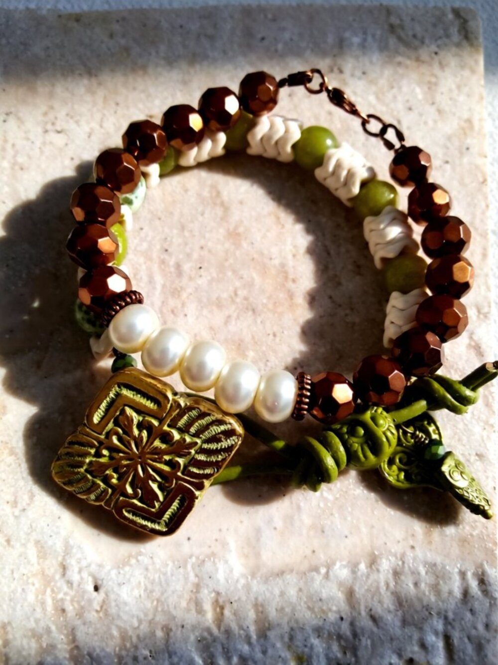 Fall Bracelet Set (2) - Woodlands ForestCore Owls HandPainted Buttons Pearls +++